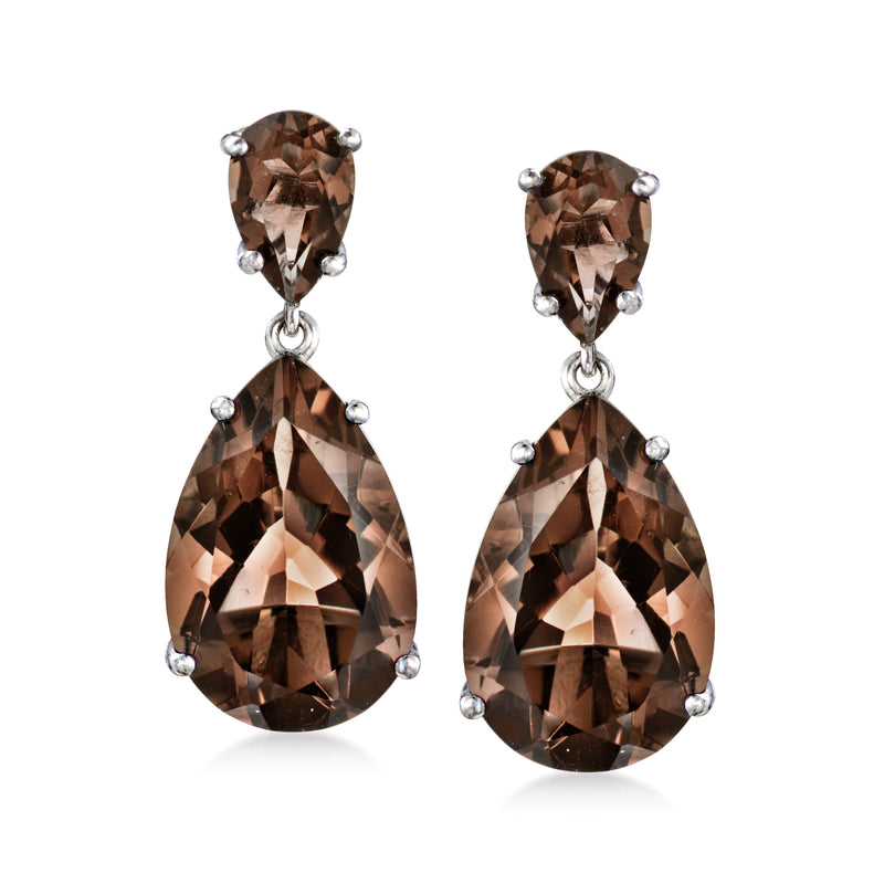 Smoky quartz drop earrings in sterling silver, teardrop faceted stones, halo settings