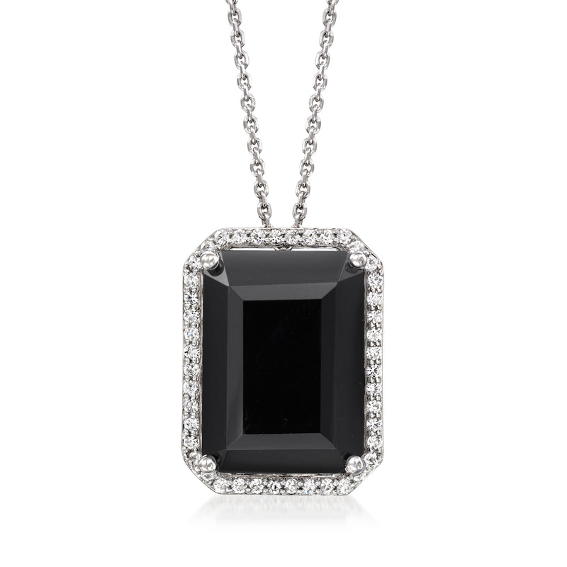 Sterling silver pendant necklace with square black onyx and diamond-style halo