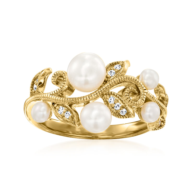 Gold-tone leaf ring with round cultured pearls and small diamond accents