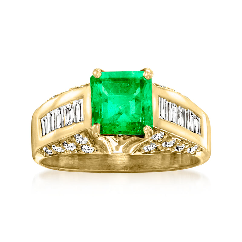 18k yellow gold emerald diamond ring with square green center stone and baguette sides