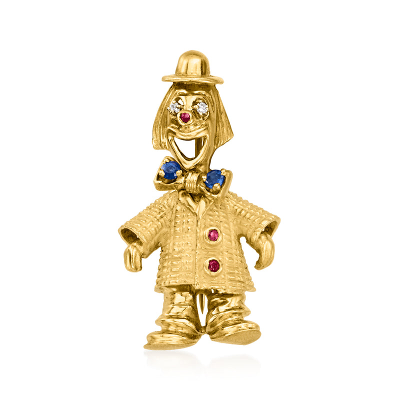 Vintage 18kt yellow gold clown pin with multicolor gemstone face and button details
