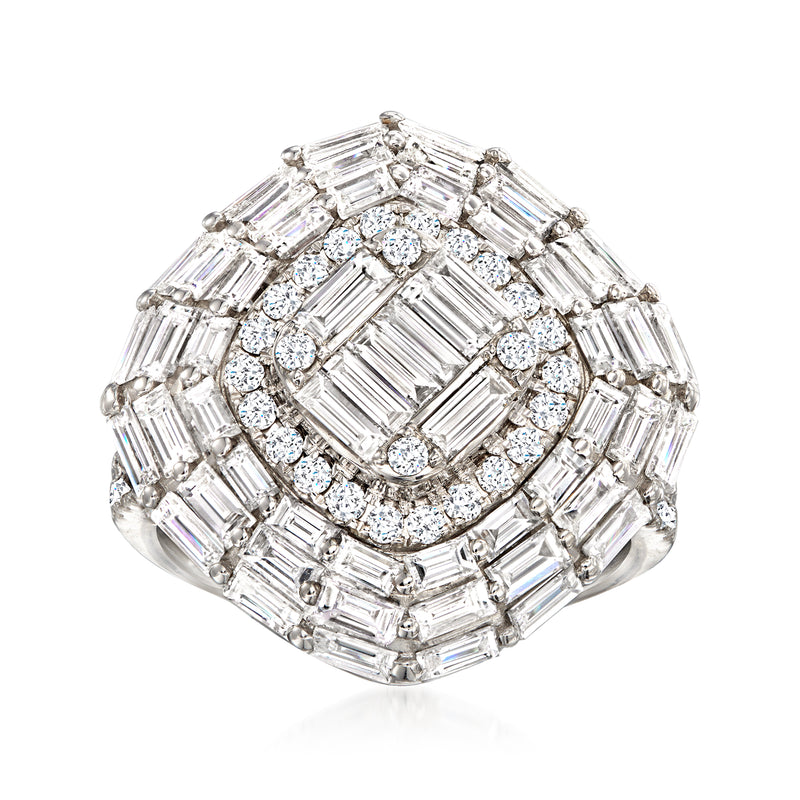 18kt white gold diamond cluster ring with baguette and round stones, sparkling halo design