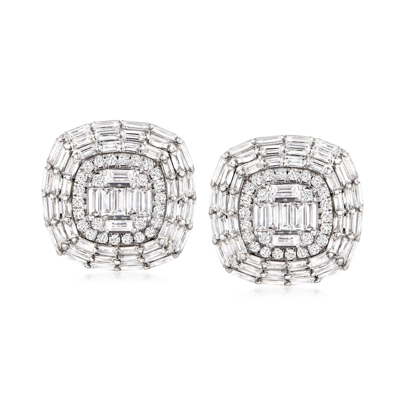 Baguette and round diamond cluster stud earrings, 18kt white gold