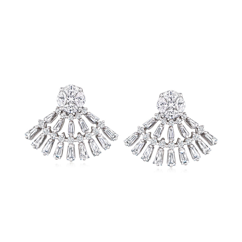 18kt white gold diamond fan stud earrings, round center with radiating baguette stones