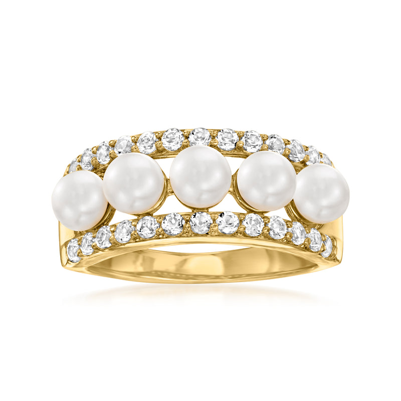18kt gold ring with five cultured button pearls and white topaz row