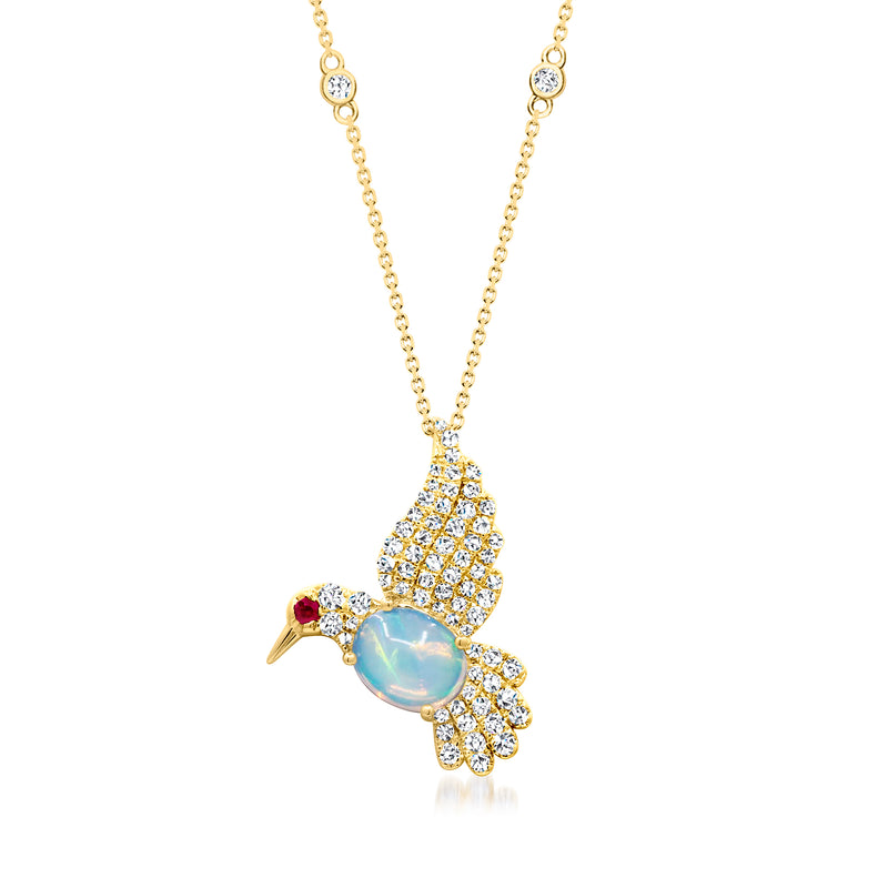 14kt yellow gold bird pendant necklace with opal oval center, ruby beak, diamond accents