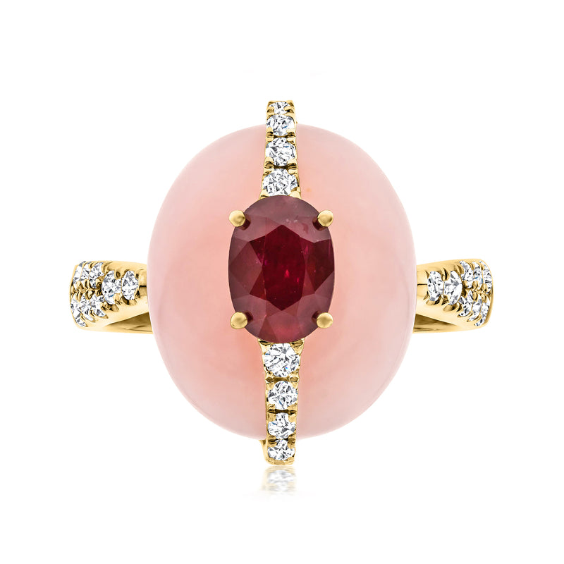 14kt yellow gold ruby and diamond ring with oval ruby center and diamond side bands