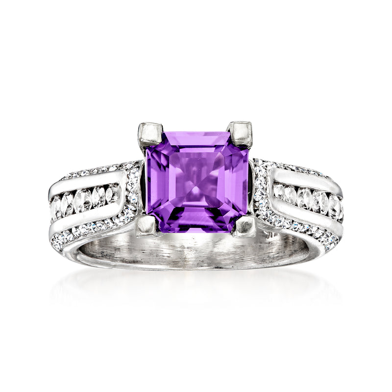 Amethyst and diamond ring in 14kt white gold, square-cut amethyst center