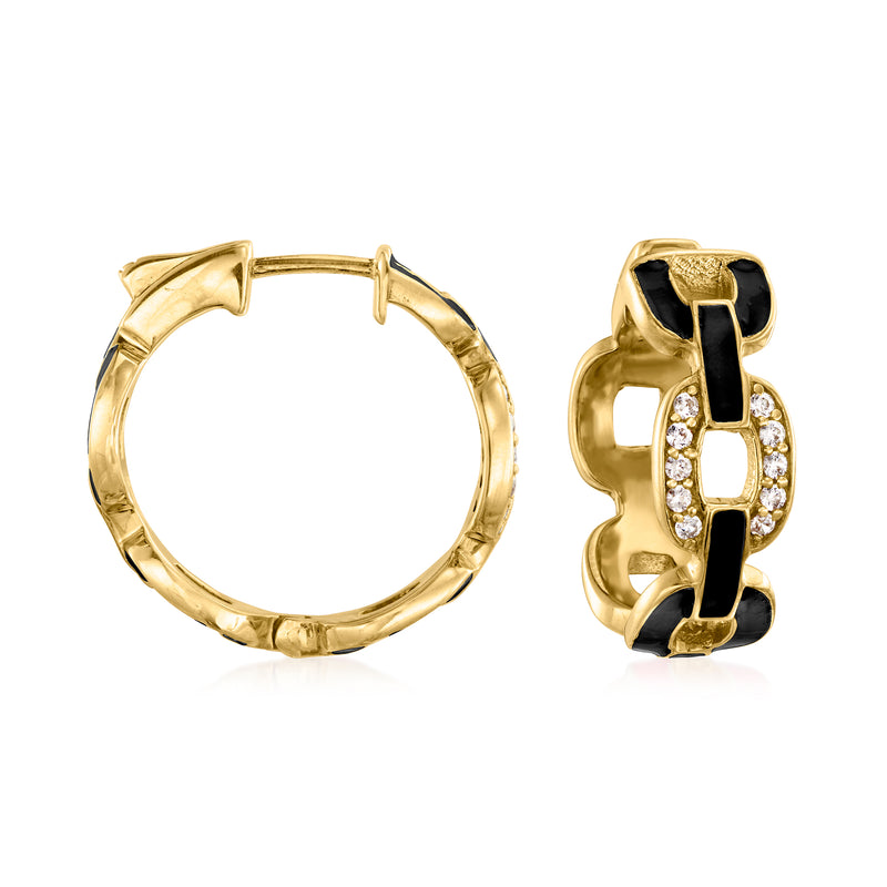 Gold hoop earrings with black enamel and white zircon accents