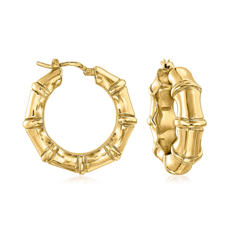 18kt yellow gold bamboo-style hoop earrings with segmented textured design
