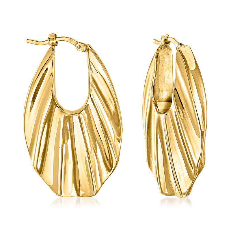 18kt yellow gold ribbed hoop earrings with polished oval hoop, hinged back