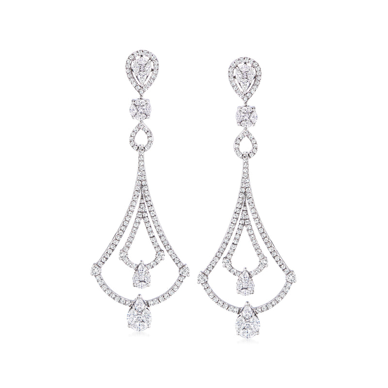 Fan-style diamond drop earrings in 18k white gold, multi-tier tear drops and round accents