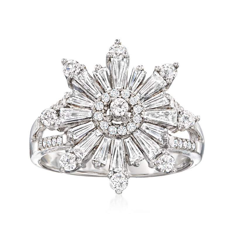 18k white gold starburst diamond ring with central round stone and radiating accents