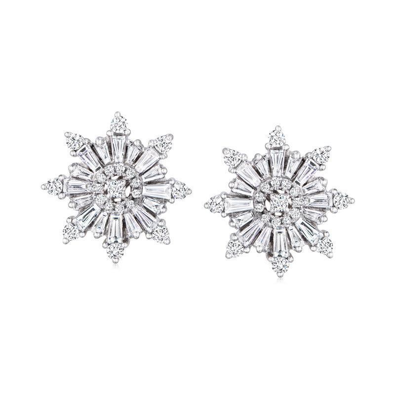 Diamond starburst post earrings in 18kt white gold, round radiant cluster with rays