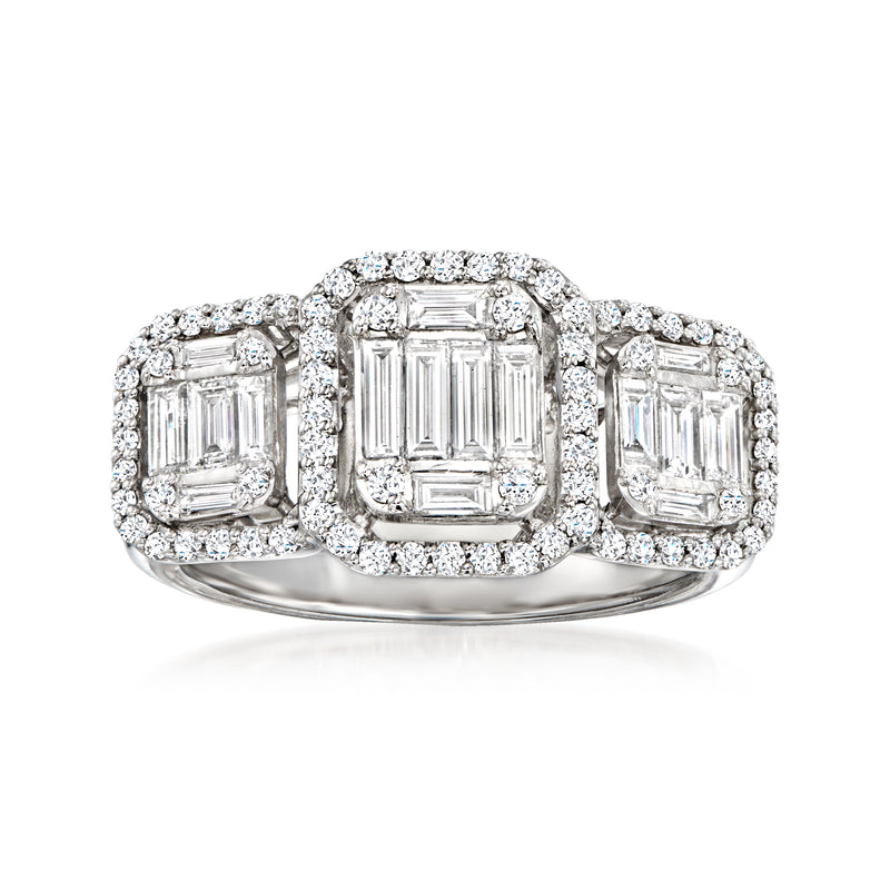 18kt white gold diamond cluster ring with emerald-cut center and three side clusters