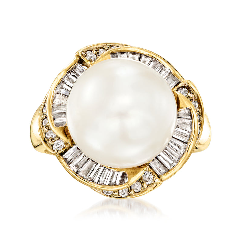 18kt yellow gold ring with large round cultured pearl and diamond baguette halo