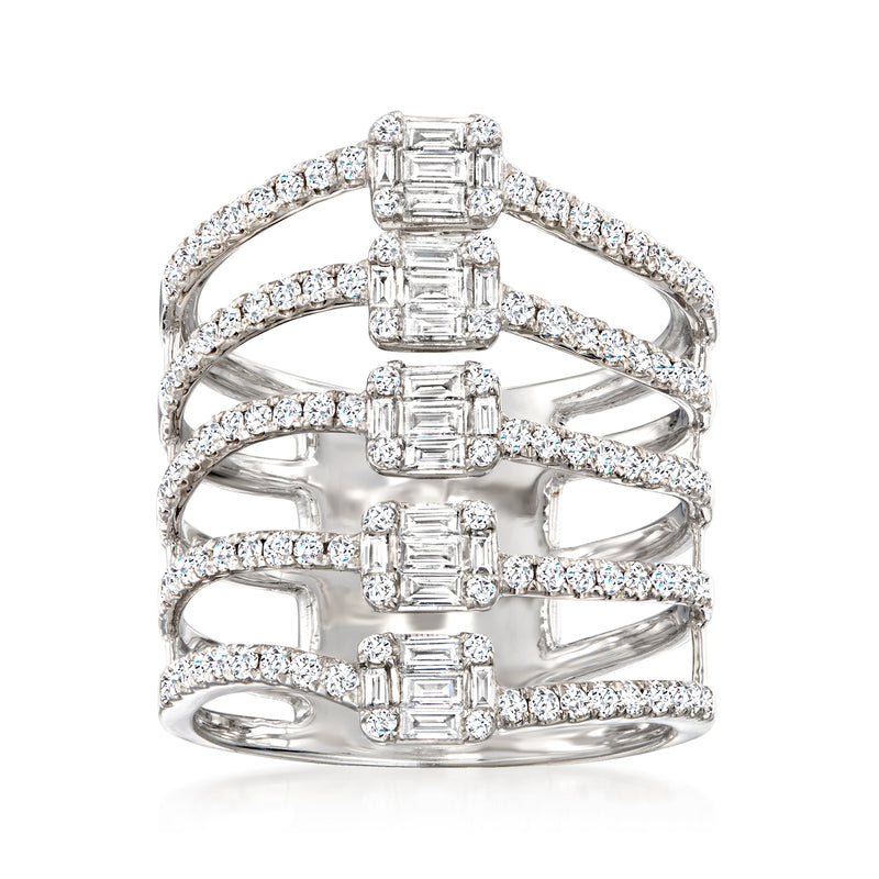 18kt white gold diamond open-space cluster ring with stacked rectangular center stones