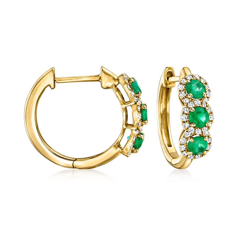 14kt yellow gold hoop earrings with emerald green stones and diamond accents