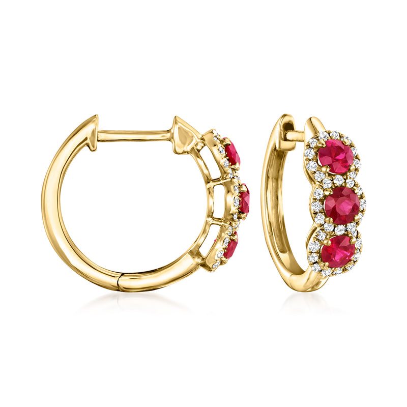 14kt yellow gold hoop earrings with three pink ruby stones and diamond halo accents
