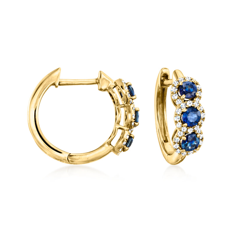 14kt yellow gold hoop earrings with blue sapphire and diamond accents