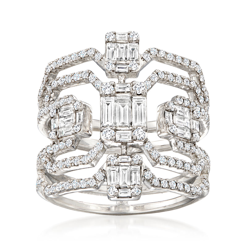 18kt white gold Art Deco diamond ring, emerald-cut center with square side stones