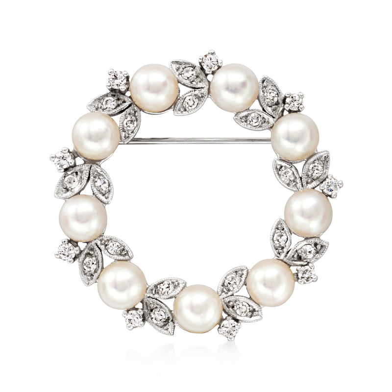 Circular cultured pearl and diamond circle pin in 14kt white gold