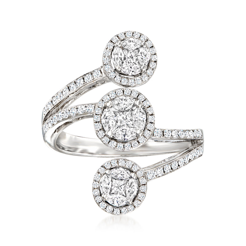 18kt white gold diamond cluster bypass ring with three round halo settings, split shank