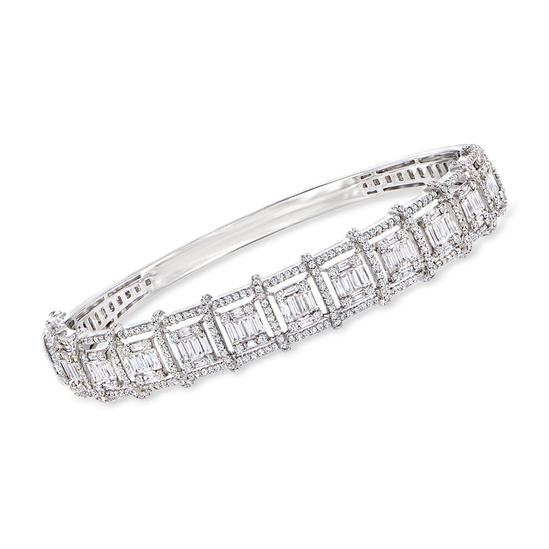 Diamond square cluster bangle bracelet in 18kt white gold with baguette stones