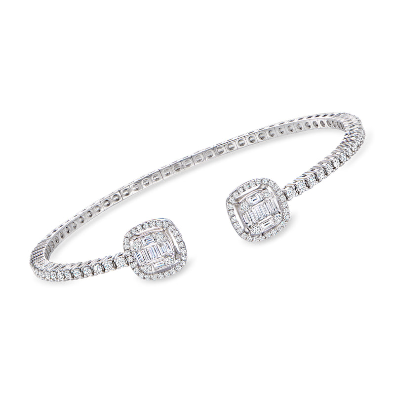 18kt white gold diamond cluster cuff bracelet with two square diamond settings and pave links