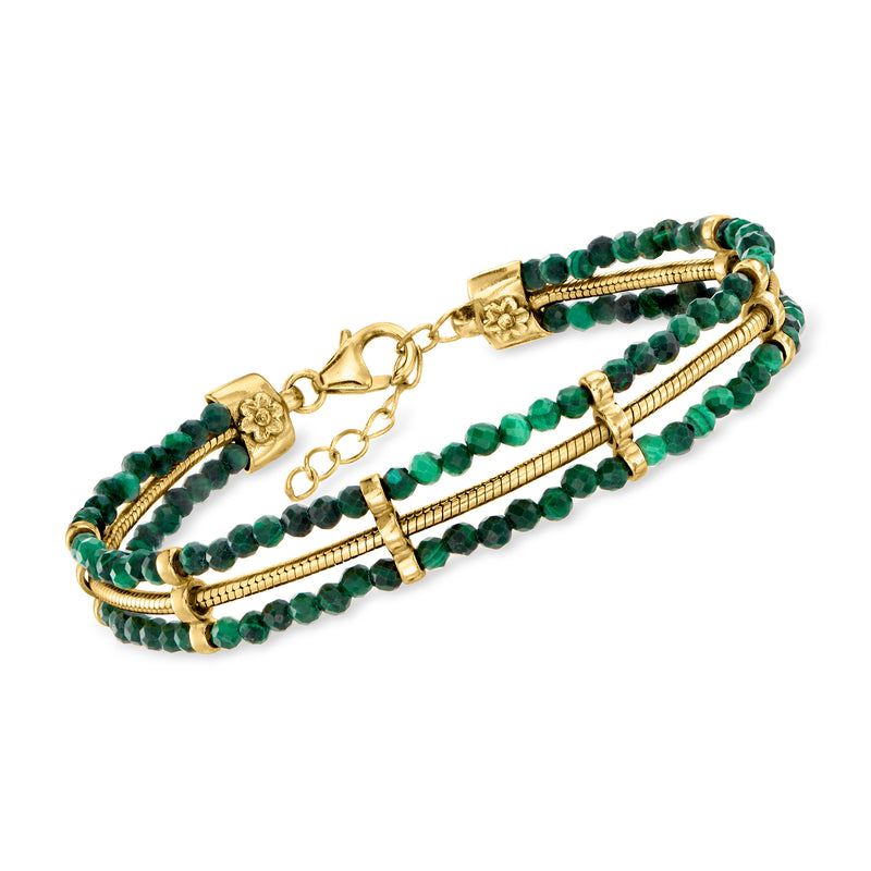 Malachite bead and snake-chain bracelet with 18kt gold over sterling, green beads