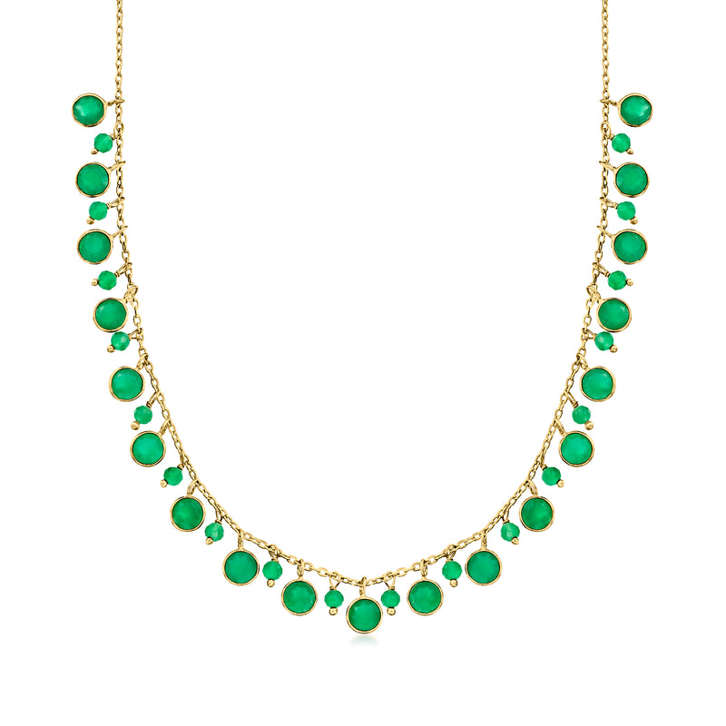 Gold necklace with small green chalcedony drop stones on delicate chain