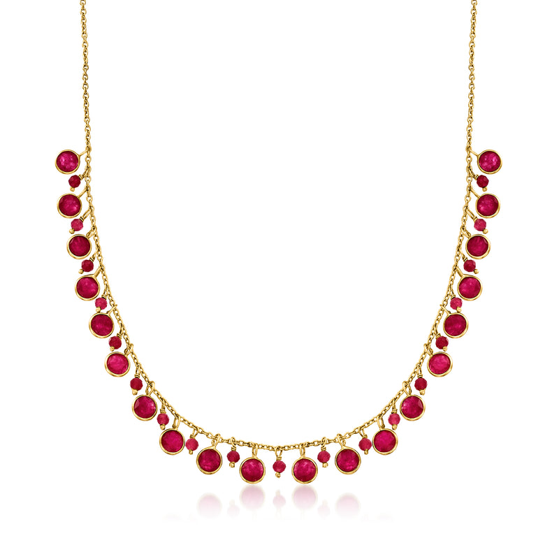 18kt gold over sterling ruby drop necklace with teardrop stones in a curved row