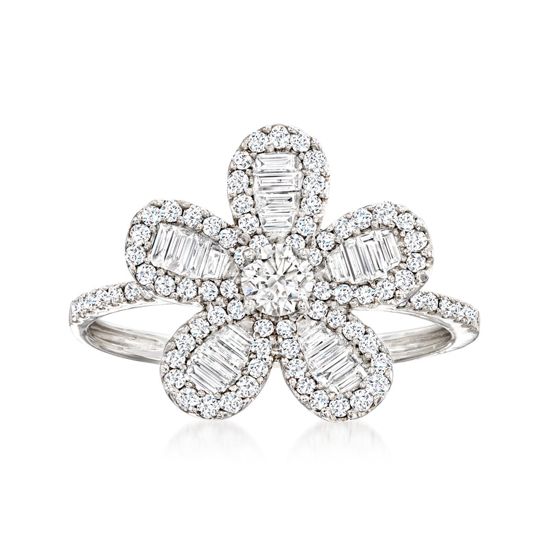 18kt white gold diamond flower ring with five baguette-style stones