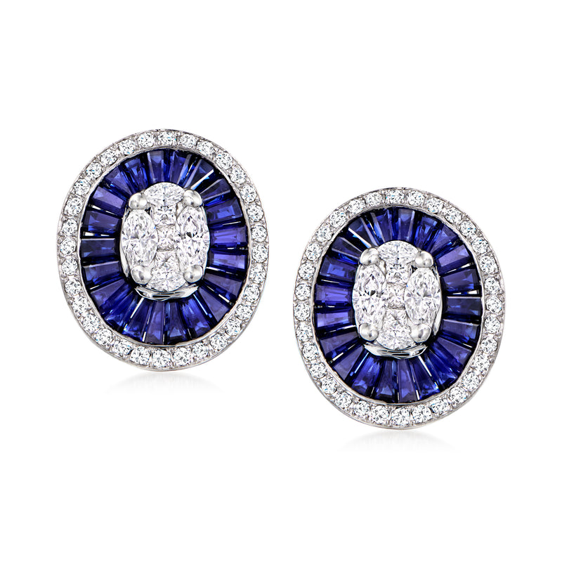 Oval sapphire cluster stud earrings with oval diamond center, blue halo, diamond rim