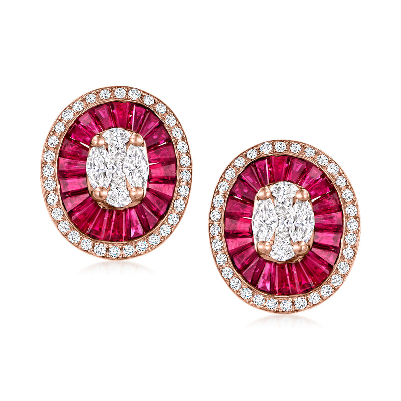 18kt rose gold oval ruby and diamond cluster stud earrings with pink center and round diamond halo