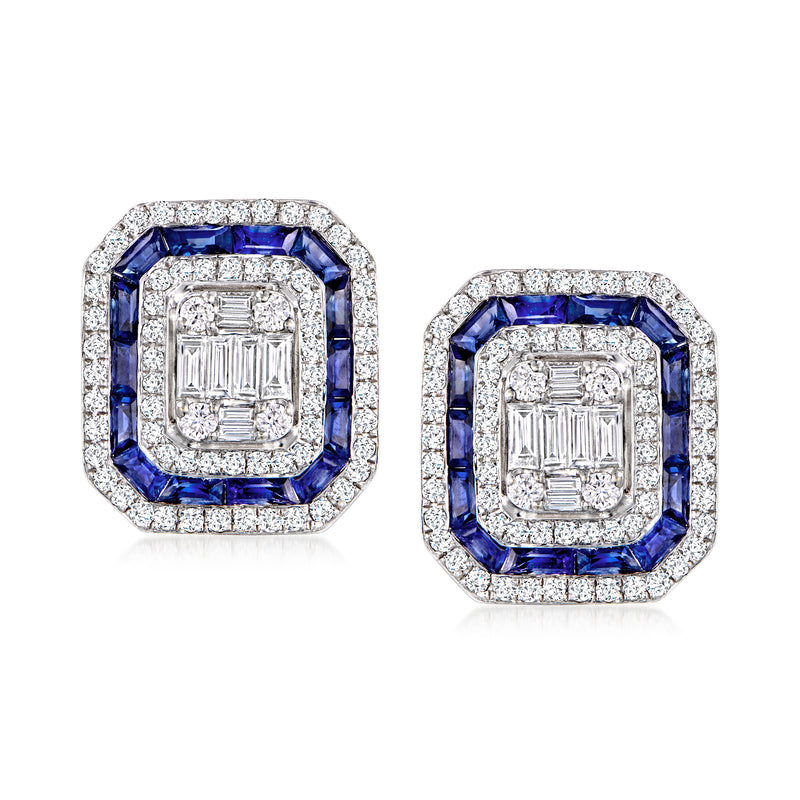 White gold sapphire and diamond cluster stud earrings with blue octagon centers