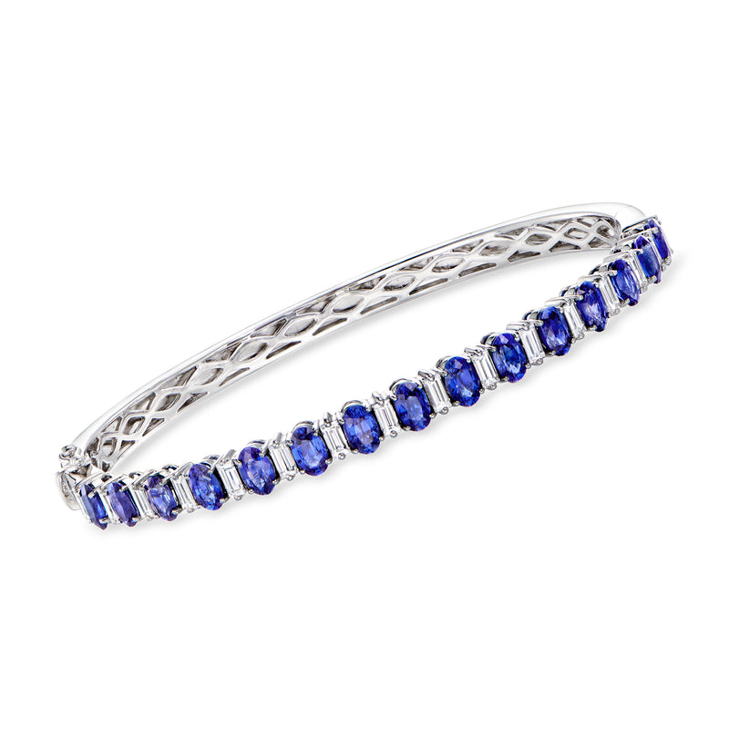18kt white gold bangle with blue sapphire row and diamond lattice accents
