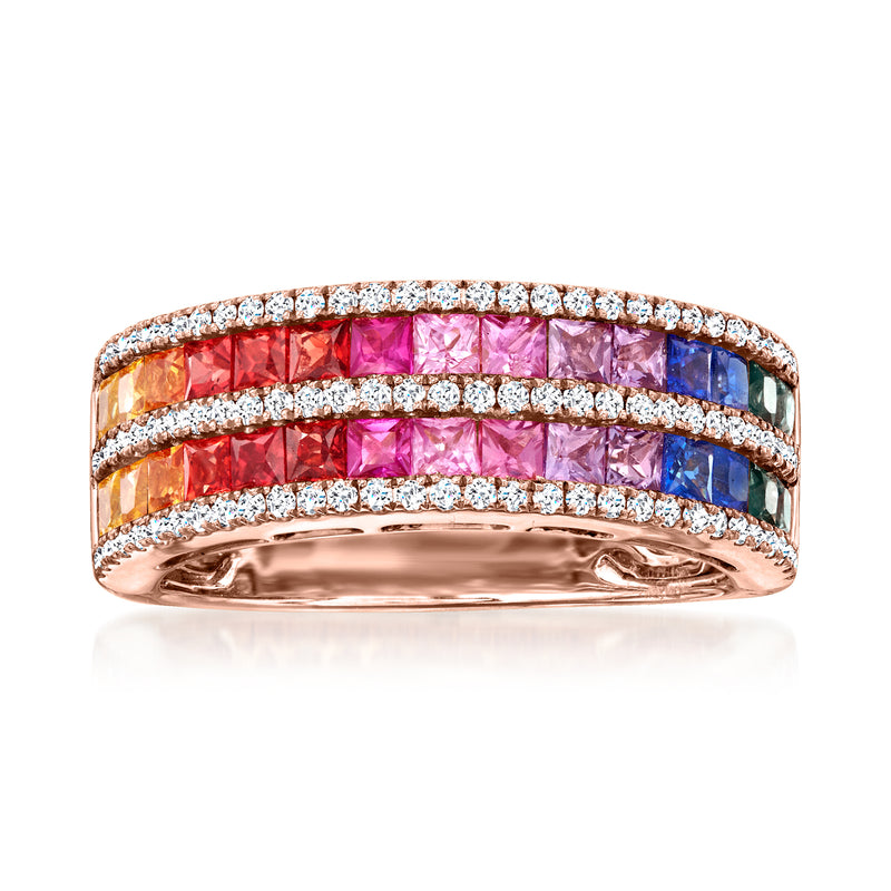 Multicolored sapphire and diamond ring in rose gold, with two pavé rows