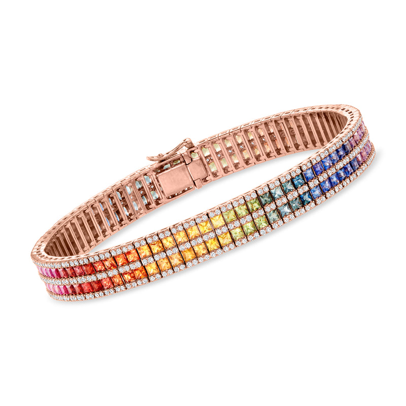 Two-row multicolored sapphire and diamond bracelet in rose gold