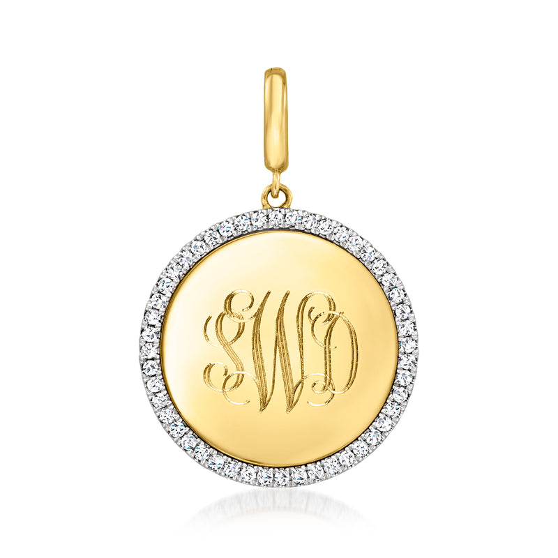14kt yellow gold personalized circle pendant with diamond border and etched monogram