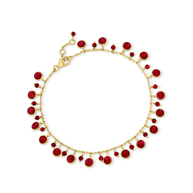 18kt gold over sterling anklet with red ruby drop beads and dangling charms