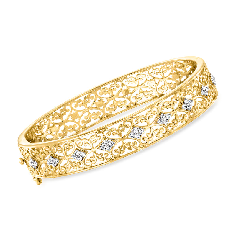 18kt gold over sterling diamond filigree bangle bracelet with oval openwork design
