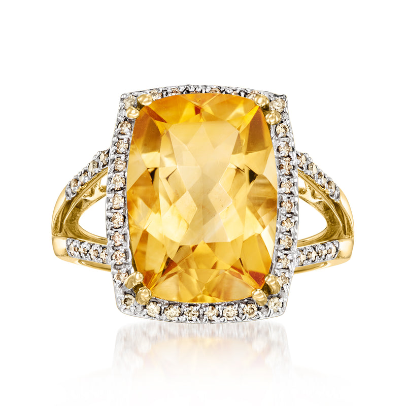 Citrine gemstone ring in 14kt yellow gold with diamond halo and split shank