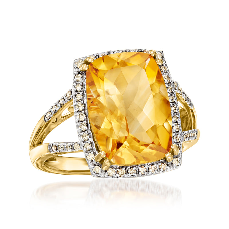Citrine gemstone ring with diamond border, 14kt yellow gold split shank