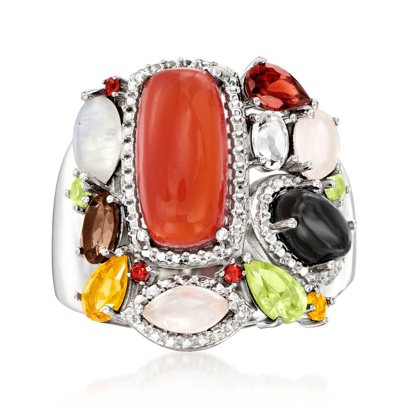 Sterling silver multi-gemstone ring with oval coral-red center and mixed colored side stones