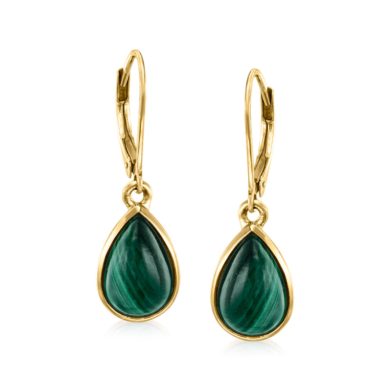 18kt gold over sterling leverback drop earrings with green malachite teardrop