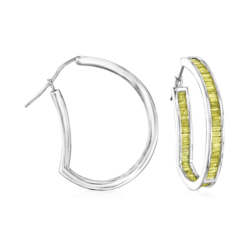 Yellow diamond hoop earrings in 14kt white gold, hinged oval hoops with yellow stones
