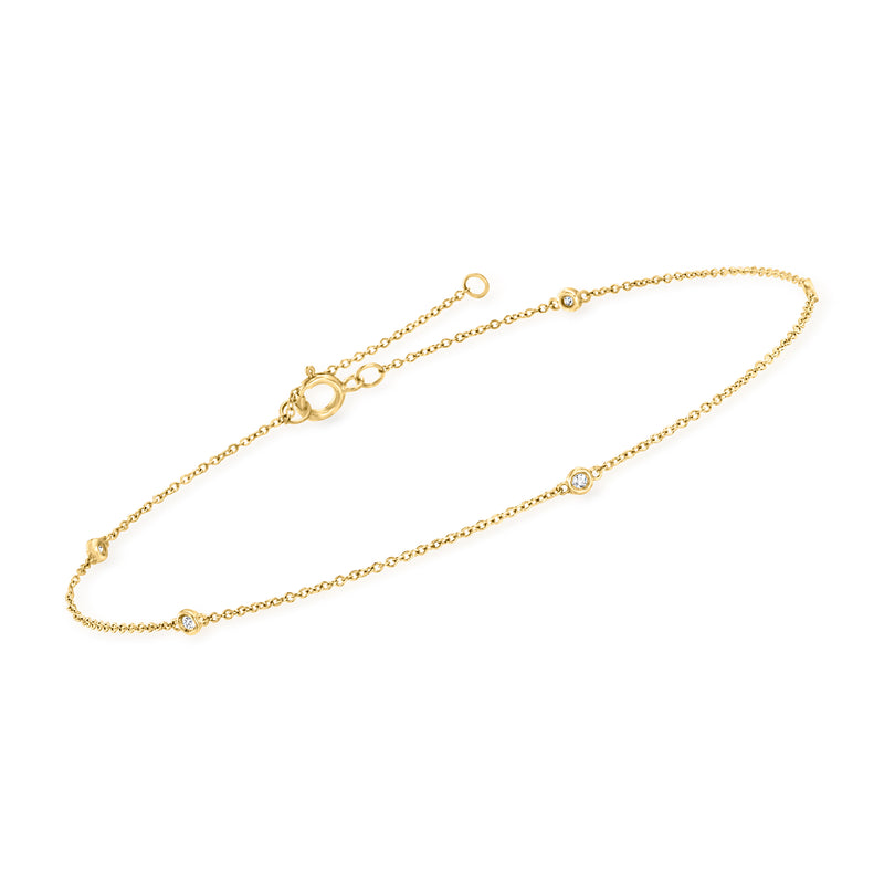 14kt yellow gold diamond station anklet, slim chain with round stone stations