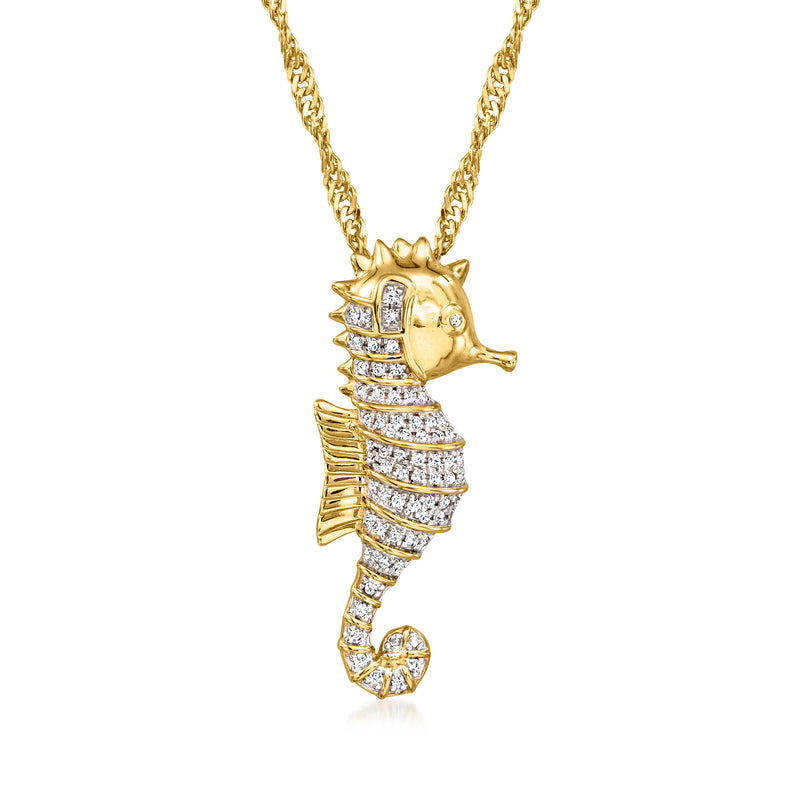 18kt gold over sterling seahorse pendant necklace with diamond-look stones on the seahorse