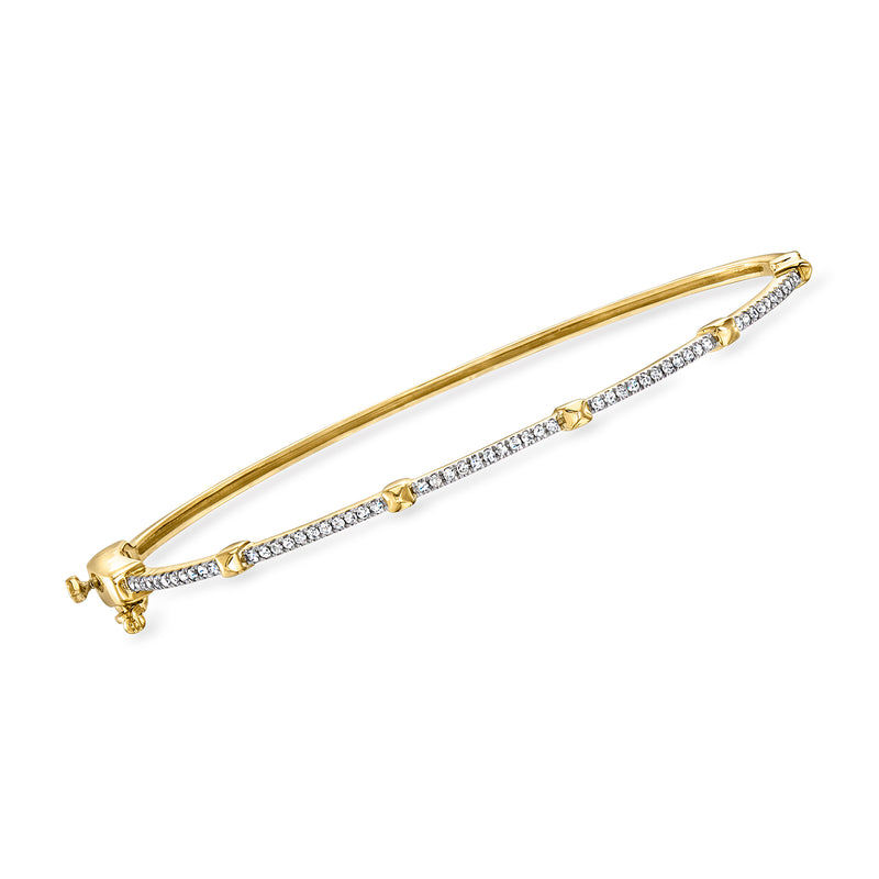 14kt yellow gold diamond-studded hinged bangle bracelet with straight row of stones
